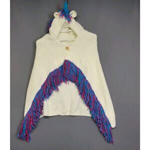 Unicorn Knitted Sweater Hooded Shawl Girls Youth Ivory Blue Purple Fringe Button